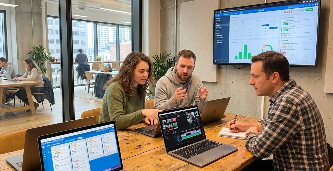 Petite équipe en réunion informelle devant des écrans montrant des templates vidéo