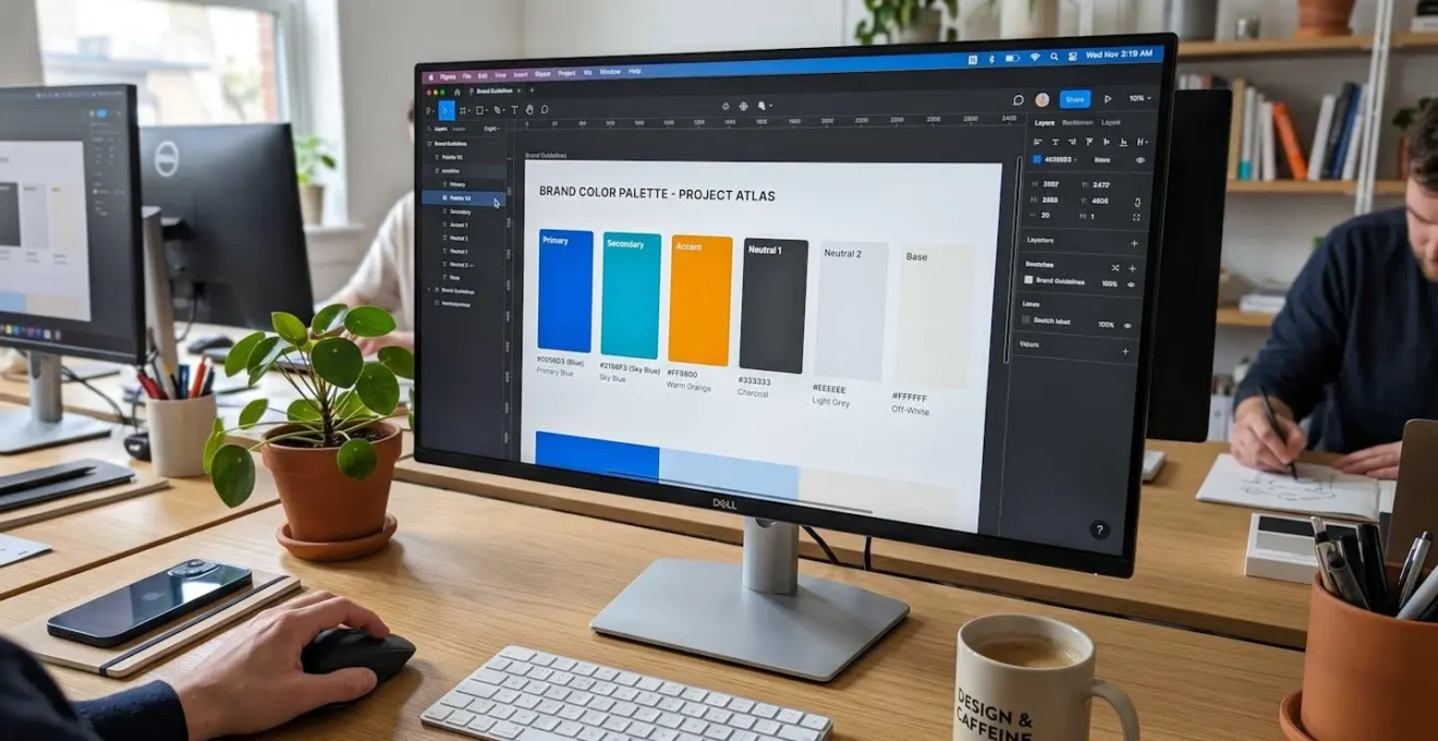 Gros plan sur une palette de couleurs de marque affichée sur un écran, codes hexadécimaux floutés