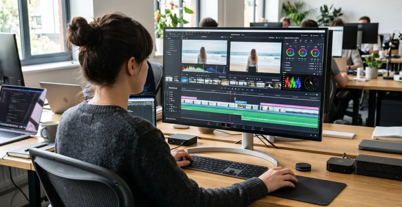 Un professionnel vu de dos travaille sur une interface d'édition vidéo dans un bureau contemporain lumineux