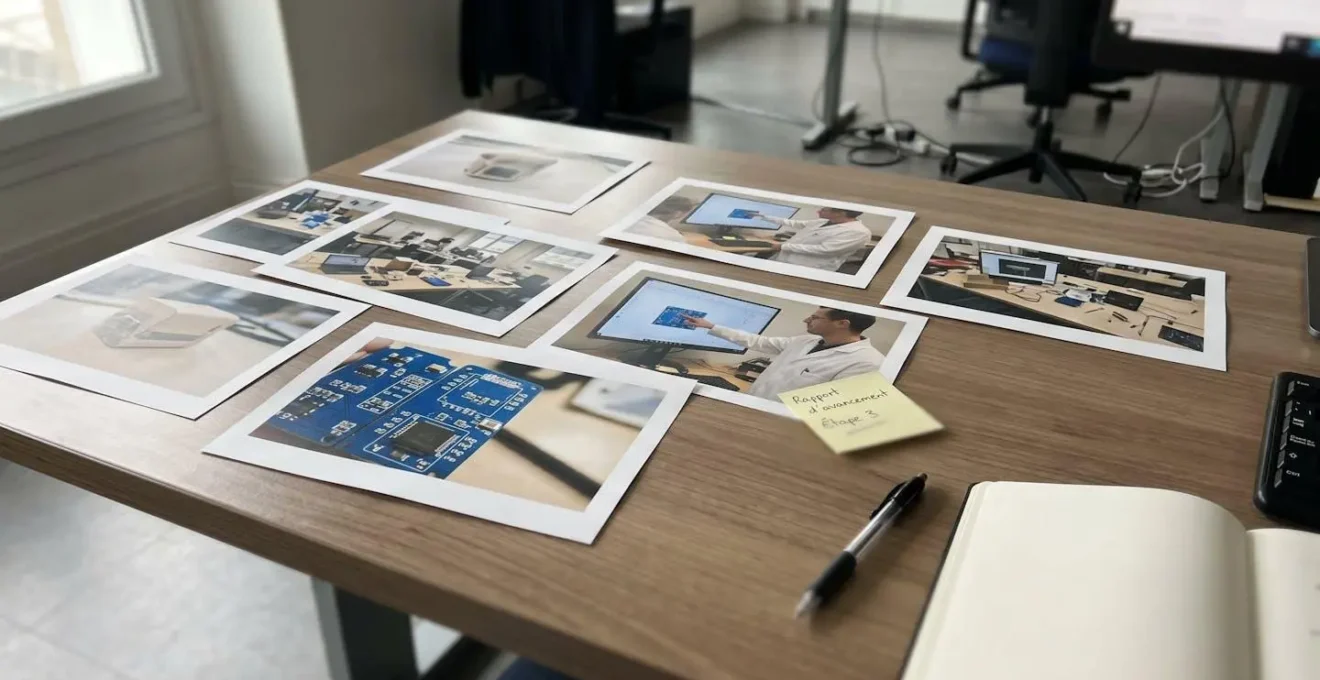 Bureau de travail avec une série de photos imprimées disposées en séquence narrative pour construire un récit visuel progressif