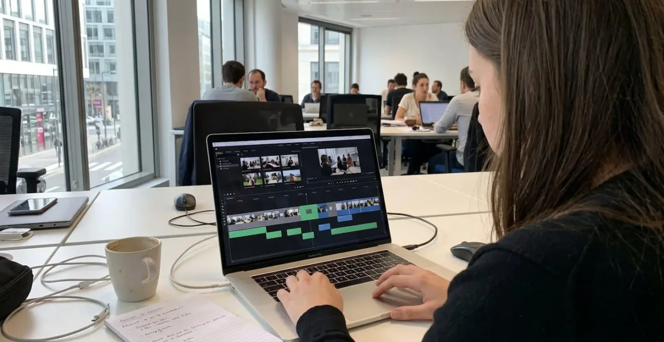 Professionnel marketing travaillant sur une interface de création vidéo à partir de photos, écran montrant une timeline de montage avec transitions