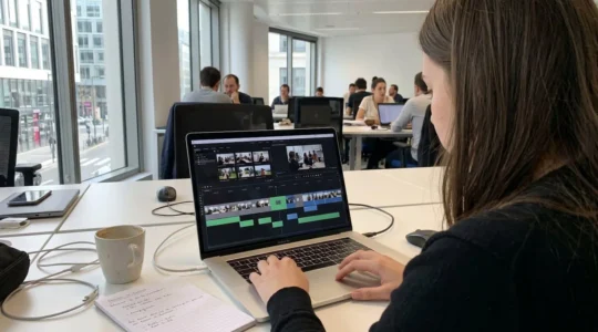 Professionnel marketing travaillant sur une interface de création vidéo à partir de photos, écran montrant une timeline de montage avec transitions