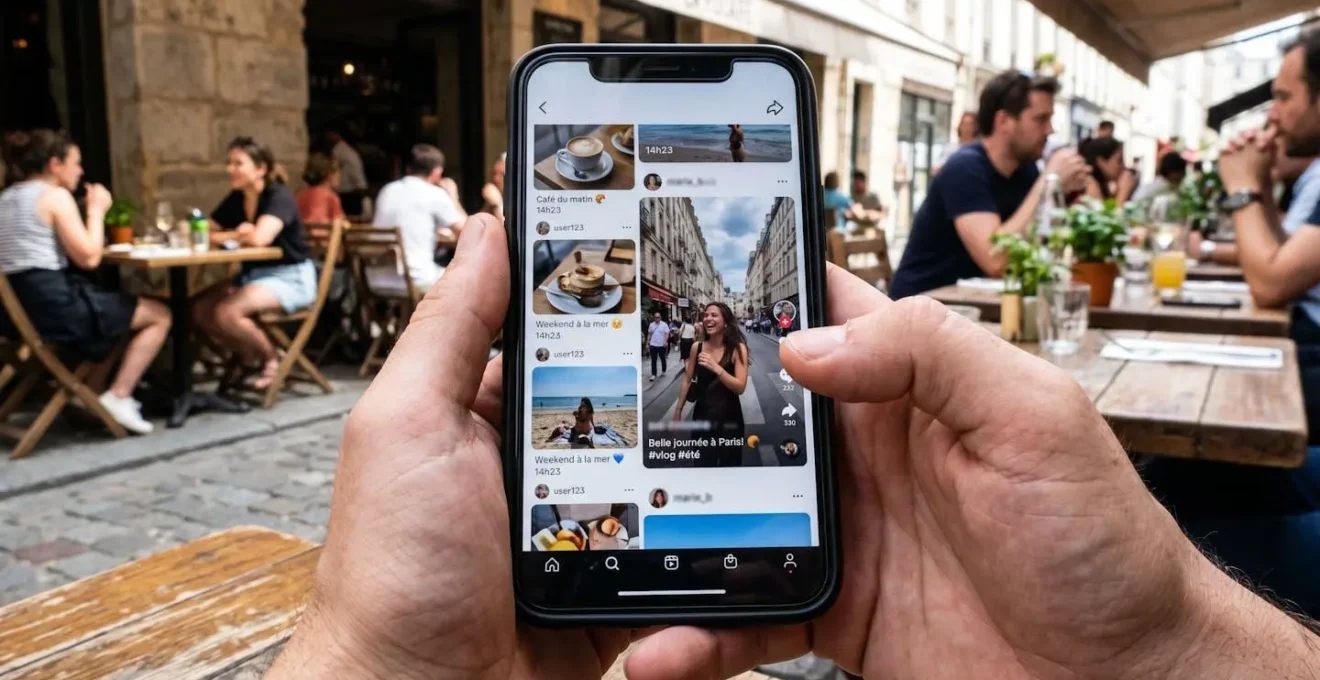 Écran de smartphone montrant un fil de réseaux sociaux avec une vidéo en lecture qui se distingue parmi des images fixes